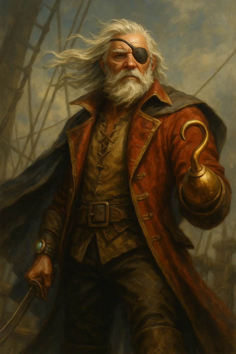 Daykon Edmonds aboard a ship, wearing an eyepatch and a golden hook