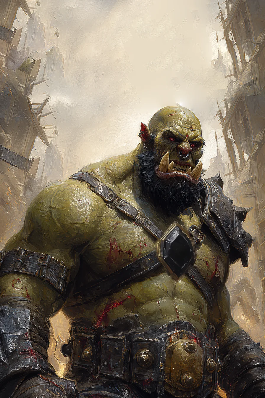 Kradak, an enormous scarred orc carrying a dark gemstone